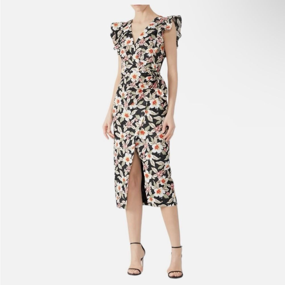 Rebecca Taylor Sz 10 Black Wrap Dress floral cotton Wrap V-neckline Flutter